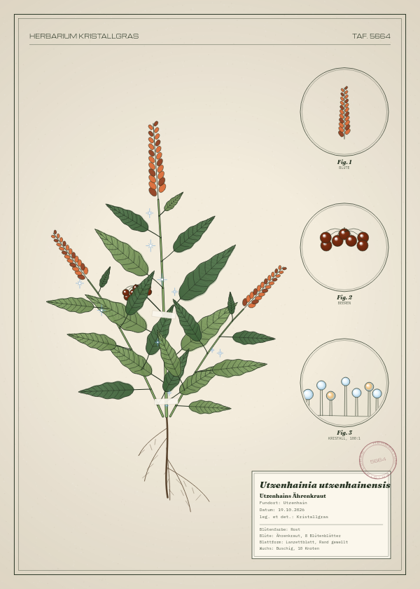 Botanische Tafel: Utzenhainia utzenhainensis, eine erfundene Pflanze aus Utzenhain, gezeichnet wie in einem alten Pflanzenatlas