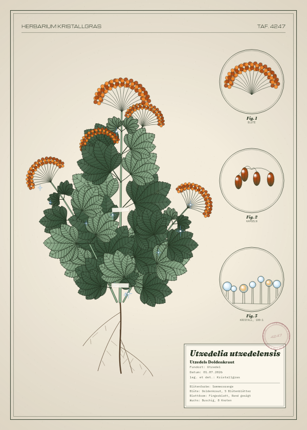Botanische Tafel: Utzedelia utzedelensis, eine erfundene Pflanze aus Utzedel, gezeichnet wie in einem alten Pflanzenatlas