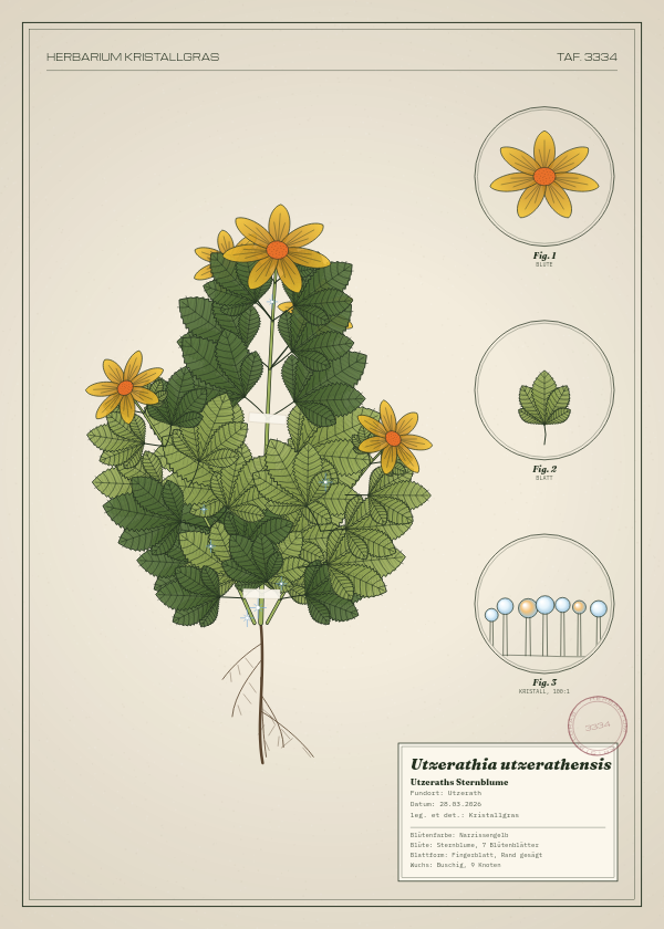 Botanische Tafel: Utzerathia utzerathensis, eine erfundene Pflanze aus Utzerath, gezeichnet wie in einem alten Pflanzenatlas