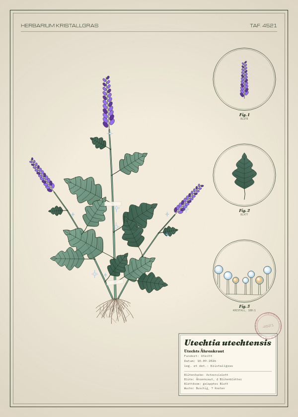 Botanische Tafel: Utechtia utechtensis, eine erfundene Pflanze aus Utecht, gezeichnet wie in einem alten Pflanzenatlas