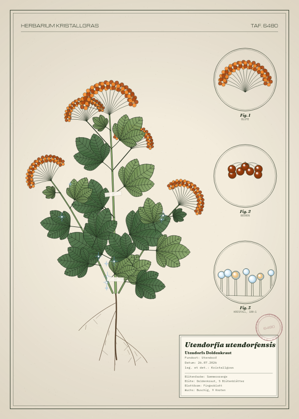 Botanische Tafel: Utendorfia utendorfensis, eine erfundene Pflanze aus Utendorf, gezeichnet wie in einem alten Pflanzenatlas