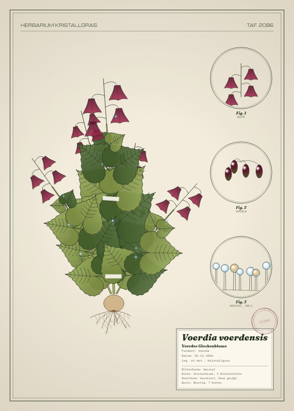 Botanische Tafel: Voerdia voerdensis, eine erfundene Pflanze aus Voerde, gezeichnet wie in einem alten Pflanzenatlas