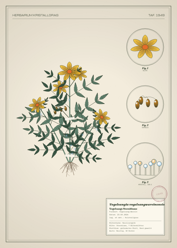 Botanische Tafel: Vogelsangia vogelsangwarsinensis, eine erfundene Pflanze aus Vogelsang-Warsin, gezeichnet wie in einem alten Pflanzenatlas