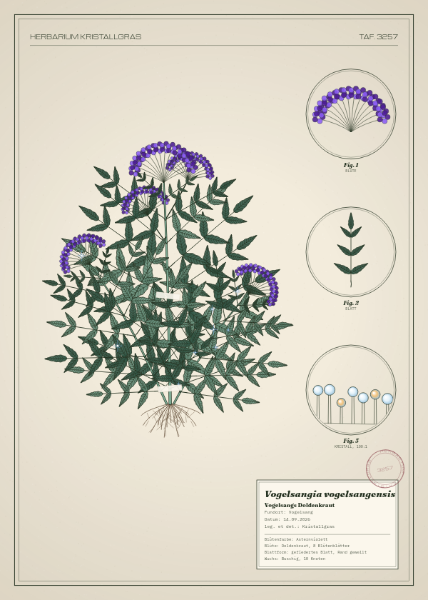 Botanische Tafel: Vogelsangia vogelsangensis, eine erfundene Pflanze aus Vogelsang, gezeichnet wie in einem alten Pflanzenatlas