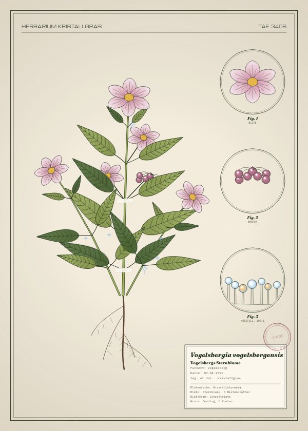 Botanische Tafel: Vogelsbergia vogelsbergensis, eine erfundene Pflanze aus Vogelsberg, gezeichnet wie in einem alten Pflanzenatlas
