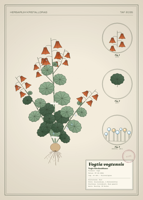 Botanische Tafel: Vogtia vogtensis, eine erfundene Pflanze aus Vogt, gezeichnet wie in einem alten Pflanzenatlas