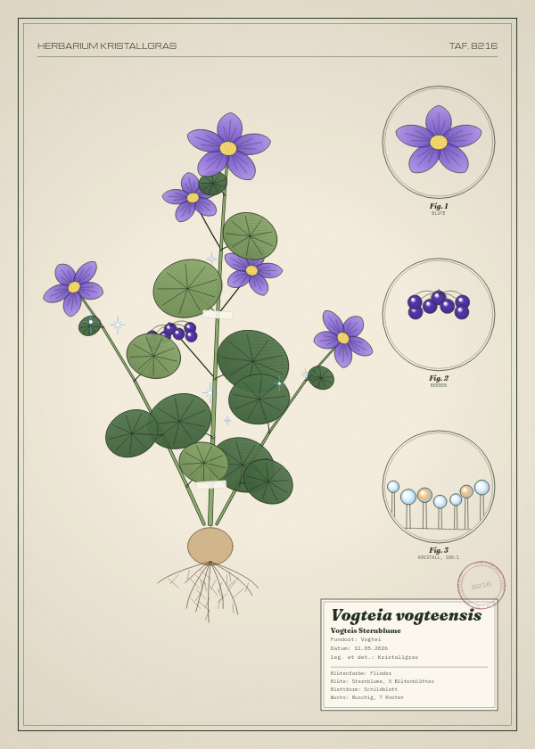 Botanische Tafel: Vogteia vogteensis, eine erfundene Pflanze aus Vogtei, gezeichnet wie in einem alten Pflanzenatlas