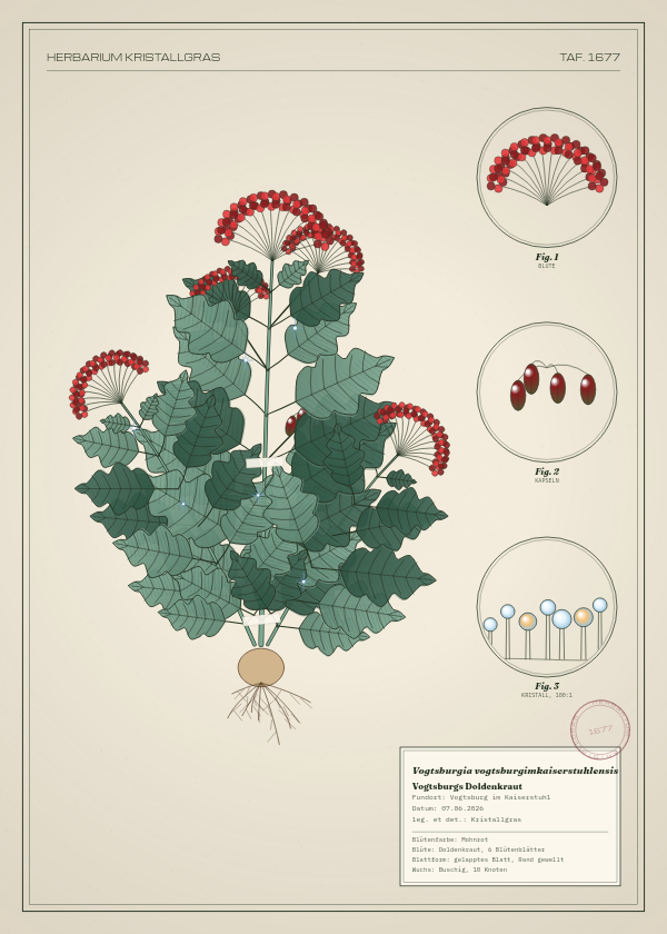 Botanische Tafel: Vogtsburgia vogtsburgimkaiserstuhlensis, eine erfundene Pflanze aus Vogtsburg im Kaiserstuhl, gezeichnet wie in einem alten Pflanzenatlas