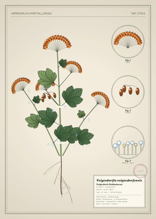Botanische Tafel: Voigtsdorfia voigtsdorfensis, eine erfundene Pflanze aus Voigtsdorf, gezeichnet wie in einem alten Pflanzenatlas