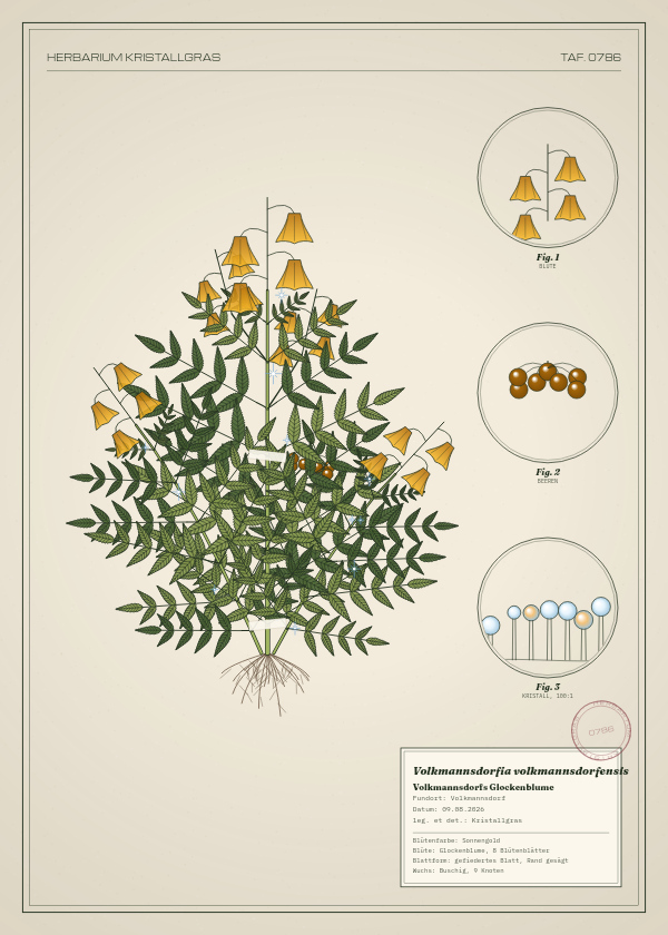 Botanische Tafel: Volkmannsdorfia volkmannsdorfensis, eine erfundene Pflanze aus Volkmannsdorf, gezeichnet wie in einem alten Pflanzenatlas