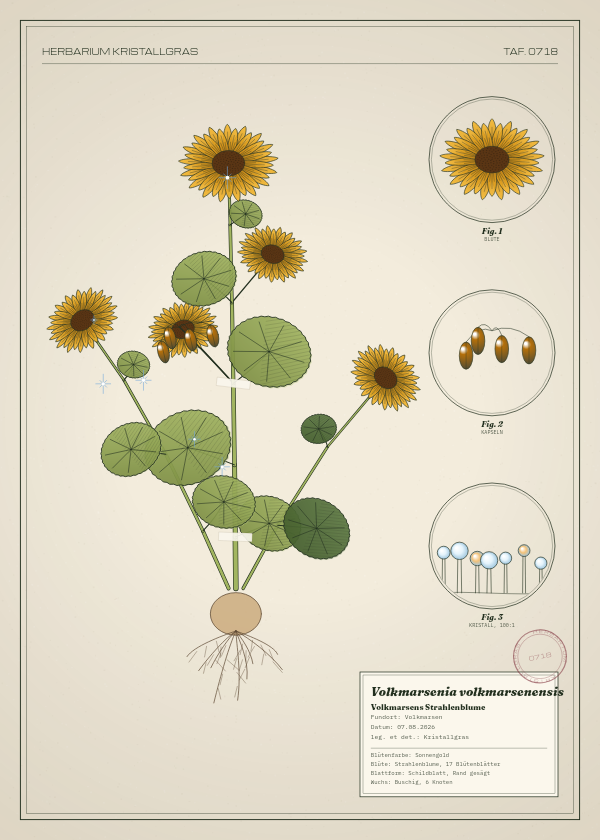 Botanische Tafel: Volkmarsenia volkmarsenensis, eine erfundene Pflanze aus Volkmarsen, gezeichnet wie in einem alten Pflanzenatlas