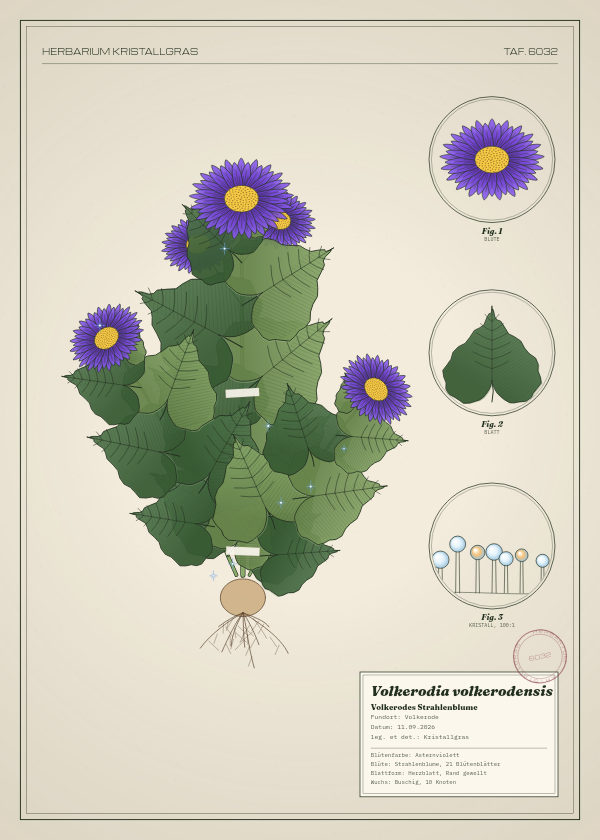 Botanische Tafel: Volkerodia volkerodensis, eine erfundene Pflanze aus Volkerode, gezeichnet wie in einem alten Pflanzenatlas
