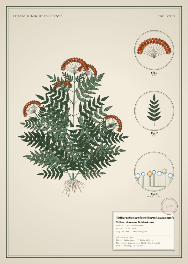 Botanische Tafel: Volkertshausenia volkertshausenensis, eine erfundene Pflanze aus Volkertshausen, gezeichnet wie in einem alten Pflanzenatlas