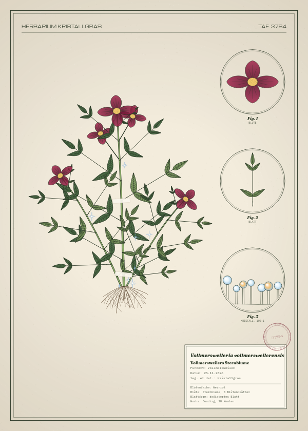 Botanische Tafel: Vollmersweileria vollmersweilerensis, eine erfundene Pflanze aus Vollmersweiler, gezeichnet wie in einem alten Pflanzenatlas