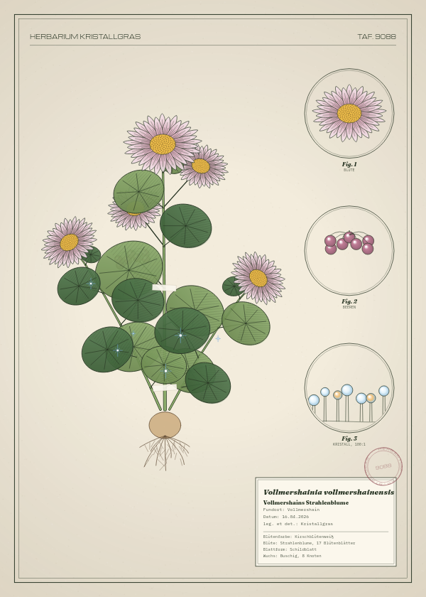 Botanische Tafel: Vollmershainia vollmershainensis, eine erfundene Pflanze aus Vollmershain, gezeichnet wie in einem alten Pflanzenatlas