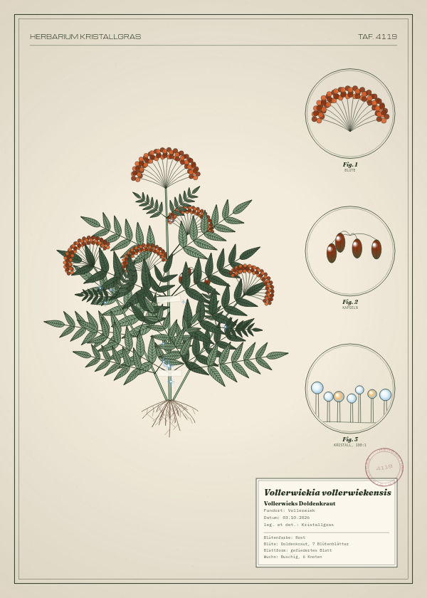 Botanische Tafel: Vollerwiekia vollerwiekensis, eine erfundene Pflanze aus Vollerwiek, gezeichnet wie in einem alten Pflanzenatlas
