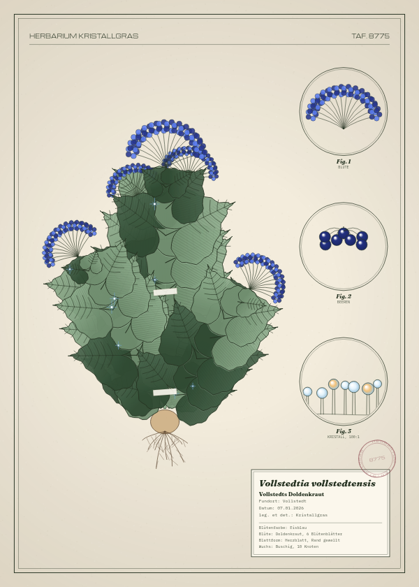 Botanische Tafel: Vollstedtia vollstedtensis, eine erfundene Pflanze aus Vollstedt, gezeichnet wie in einem alten Pflanzenatlas