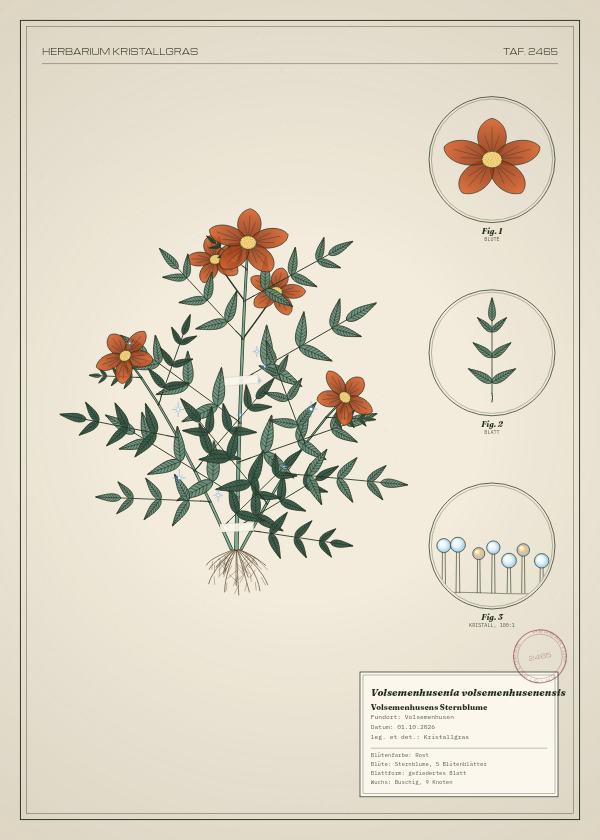 Botanische Tafel: Volsemenhusenia volsemenhusenensis, eine erfundene Pflanze aus Volsemenhusen, gezeichnet wie in einem alten Pflanzenatlas