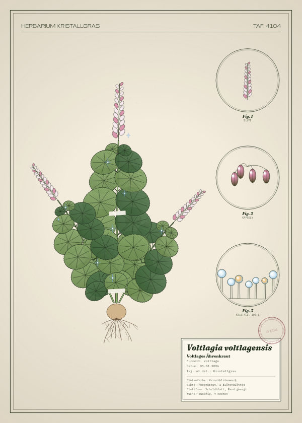 Botanische Tafel: Voltlagia voltlagensis, eine erfundene Pflanze aus Voltlage, gezeichnet wie in einem alten Pflanzenatlas