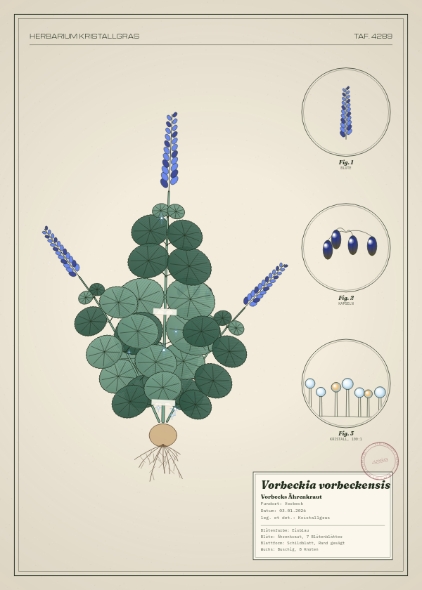 Botanische Tafel: Vorbeckia vorbeckensis, eine erfundene Pflanze aus Vorbeck, gezeichnet wie in einem alten Pflanzenatlas