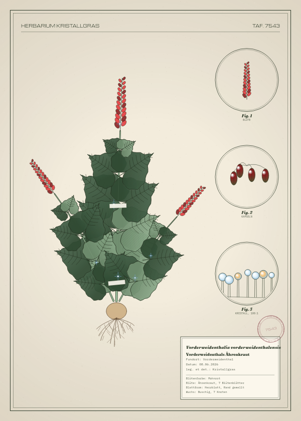 Botanische Tafel: Vorderweidenthalia vorderweidenthalensis, eine erfundene Pflanze aus Vorderweidenthal, gezeichnet wie in einem alten Pflanzenatlas