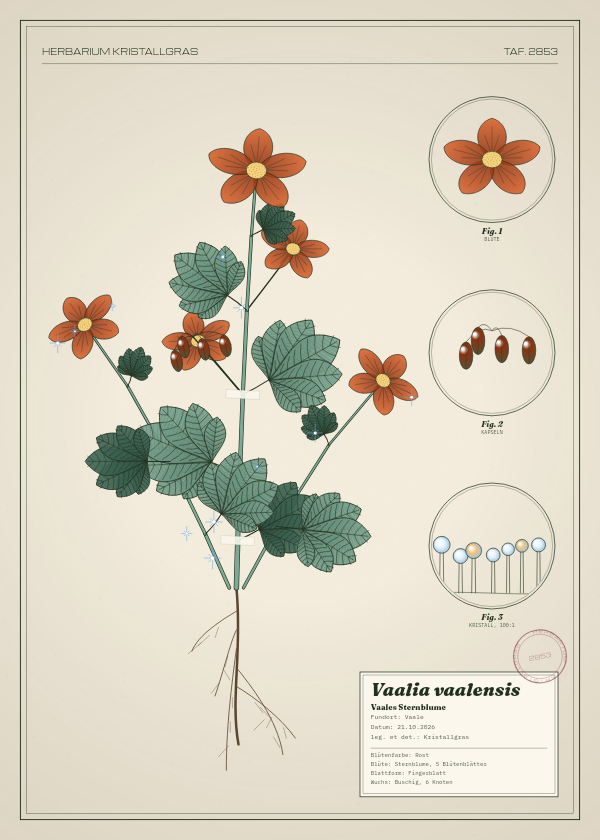 Botanische Tafel: Vaalia vaalensis, eine erfundene Pflanze aus Vaale, gezeichnet wie in einem alten Pflanzenatlas