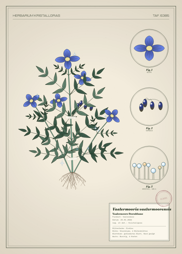 Botanische Tafel: Vaalermooria vaalermoorensis, eine erfundene Pflanze aus Vaalermoor, gezeichnet wie in einem alten Pflanzenatlas