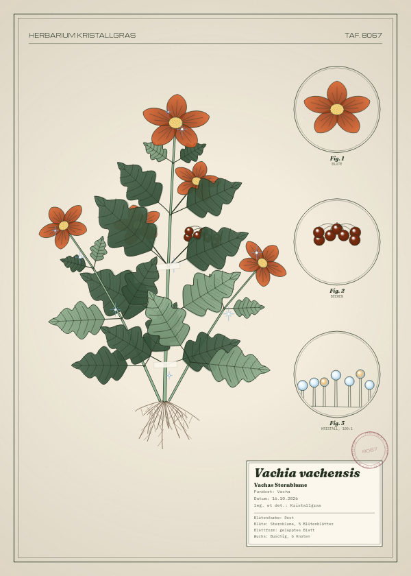 Botanische Tafel: Vachia vachensis, eine erfundene Pflanze aus Vacha, gezeichnet wie in einem alten Pflanzenatlas