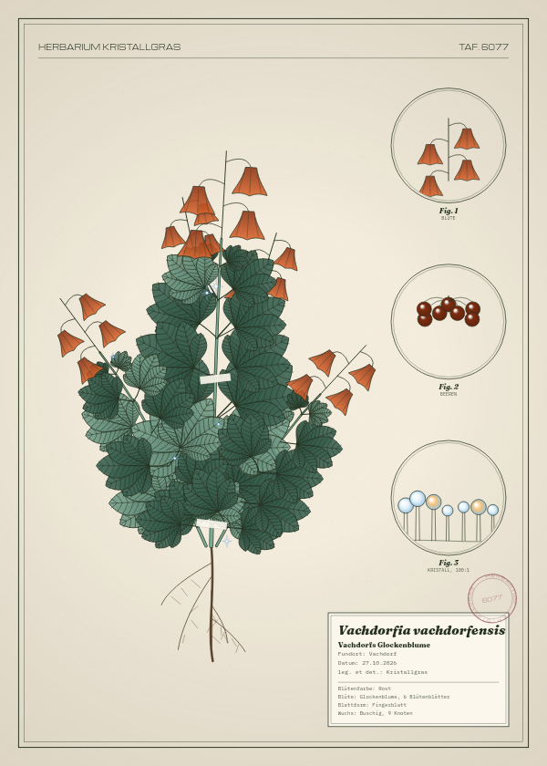 Botanische Tafel: Vachdorfia vachdorfensis, eine erfundene Pflanze aus Vachdorf, gezeichnet wie in einem alten Pflanzenatlas