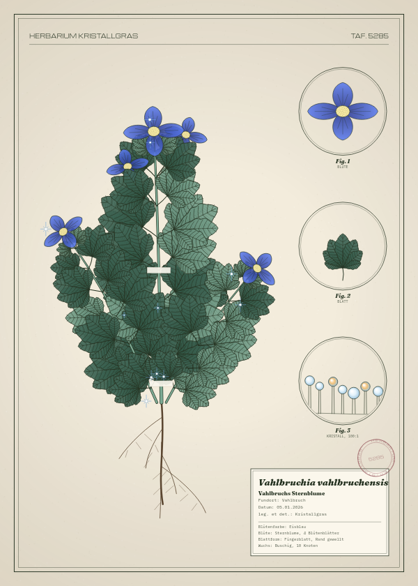 Botanische Tafel: Vahlbruchia vahlbruchensis, eine erfundene Pflanze aus Vahlbruch, gezeichnet wie in einem alten Pflanzenatlas