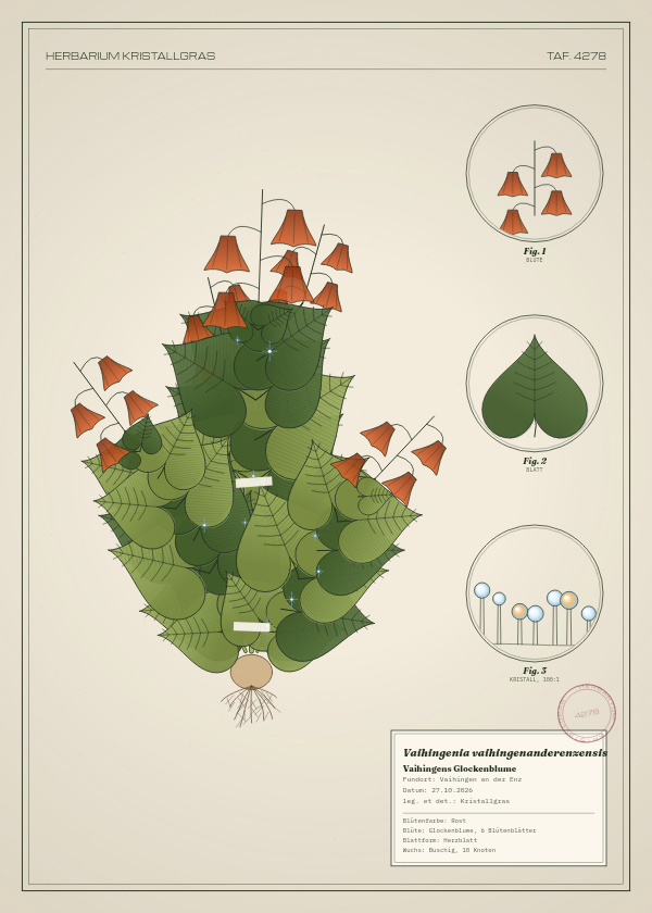 Botanische Tafel: Vaihingenia vaihingenanderenzensis, eine erfundene Pflanze aus Vaihingen an der Enz, gezeichnet wie in einem alten Pflanzenatlas