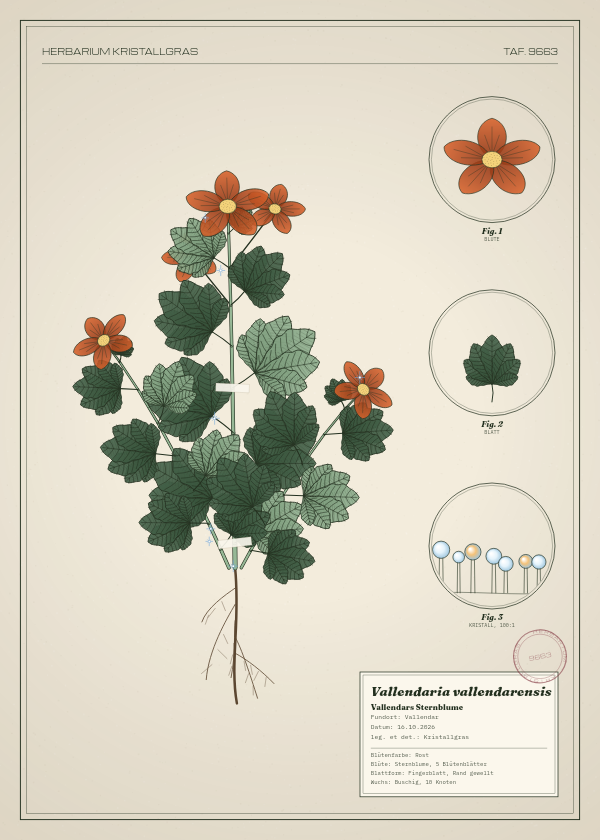 Botanische Tafel: Vallendaria vallendarensis, eine erfundene Pflanze aus Vallendar, gezeichnet wie in einem alten Pflanzenatlas