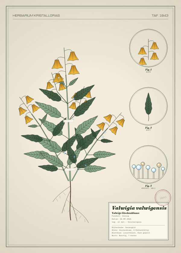 Botanische Tafel: Valwigia valwigensis, eine erfundene Pflanze aus Valwig, gezeichnet wie in einem alten Pflanzenatlas