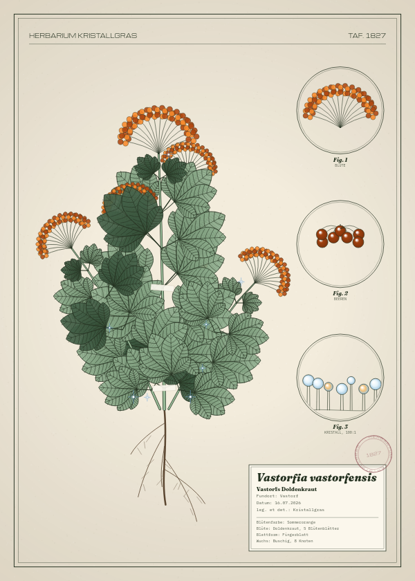 Botanische Tafel: Vastorfia vastorfensis, eine erfundene Pflanze aus Vastorf, gezeichnet wie in einem alten Pflanzenatlas