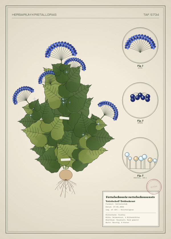 Botanische Tafel: Vettelschossia vettelschossensis, eine erfundene Pflanze aus Vettelschoß, gezeichnet wie in einem alten Pflanzenatlas