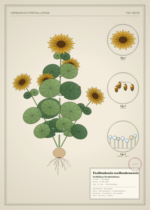 Botanische Tafel: Veelboekenia veelboekenensis, eine erfundene Pflanze aus Veelböken, gezeichnet wie in einem alten Pflanzenatlas