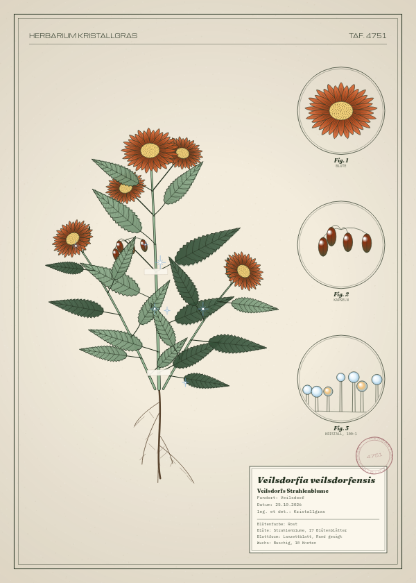 Botanische Tafel: Veilsdorfia veilsdorfensis, eine erfundene Pflanze aus Veilsdorf, gezeichnet wie in einem alten Pflanzenatlas