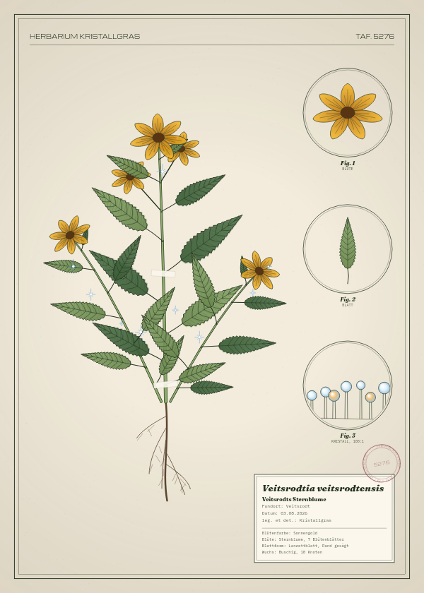 Botanische Tafel: Veitsrodtia veitsrodtensis, eine erfundene Pflanze aus Veitsrodt, gezeichnet wie in einem alten Pflanzenatlas