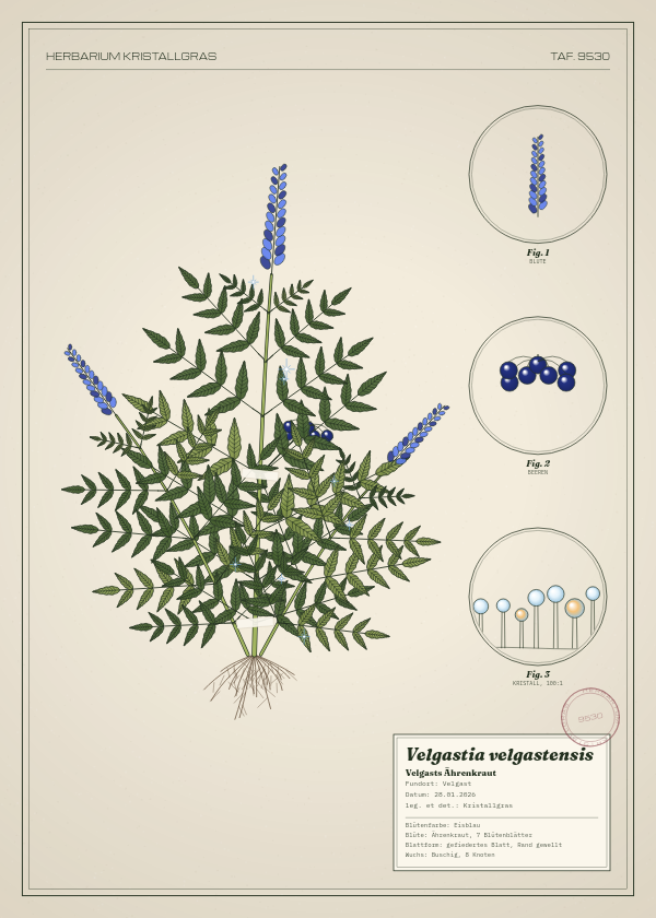 Botanische Tafel: Velgastia velgastensis, eine erfundene Pflanze aus Velgast, gezeichnet wie in einem alten Pflanzenatlas