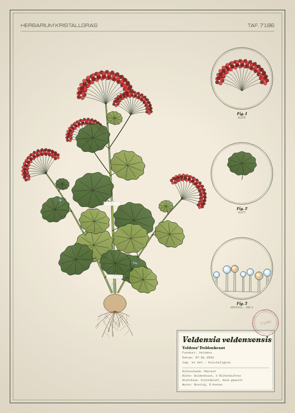 Botanische Tafel: Veldenzia veldenzensis, eine erfundene Pflanze aus Veldenz, gezeichnet wie in einem alten Pflanzenatlas
