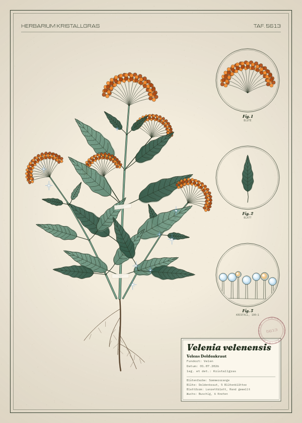 Botanische Tafel: Velenia velenensis, eine erfundene Pflanze aus Velen, gezeichnet wie in einem alten Pflanzenatlas