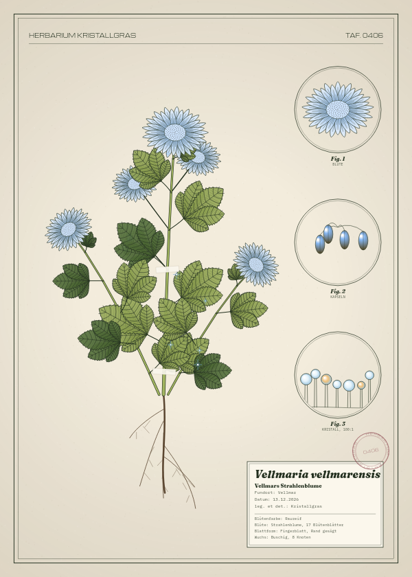 Botanische Tafel: Vellmaria vellmarensis, eine erfundene Pflanze aus Vellmar, gezeichnet wie in einem alten Pflanzenatlas