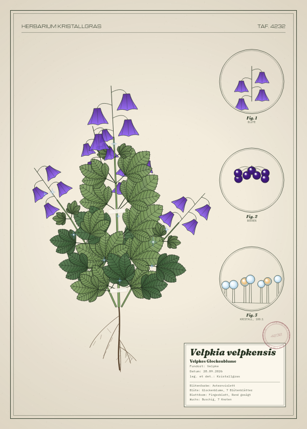 Botanische Tafel: Velpkia velpkensis, eine erfundene Pflanze aus Velpke, gezeichnet wie in einem alten Pflanzenatlas