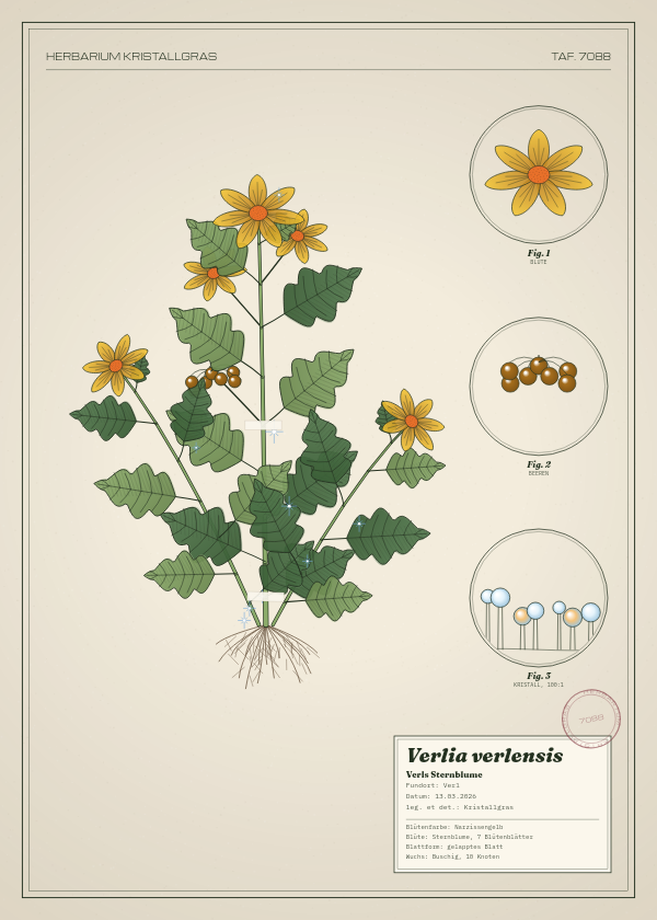 Botanische Tafel: Verlia verlensis, eine erfundene Pflanze aus Verl, gezeichnet wie in einem alten Pflanzenatlas