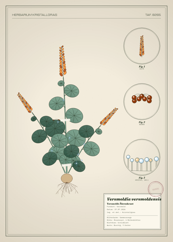 Botanische Tafel: Versmoldia versmoldensis, eine erfundene Pflanze aus Versmold, gezeichnet wie in einem alten Pflanzenatlas