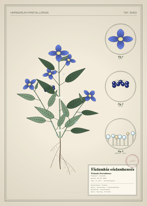 Botanische Tafel: Vielankia vielankensis, eine erfundene Pflanze aus Vielank, gezeichnet wie in einem alten Pflanzenatlas