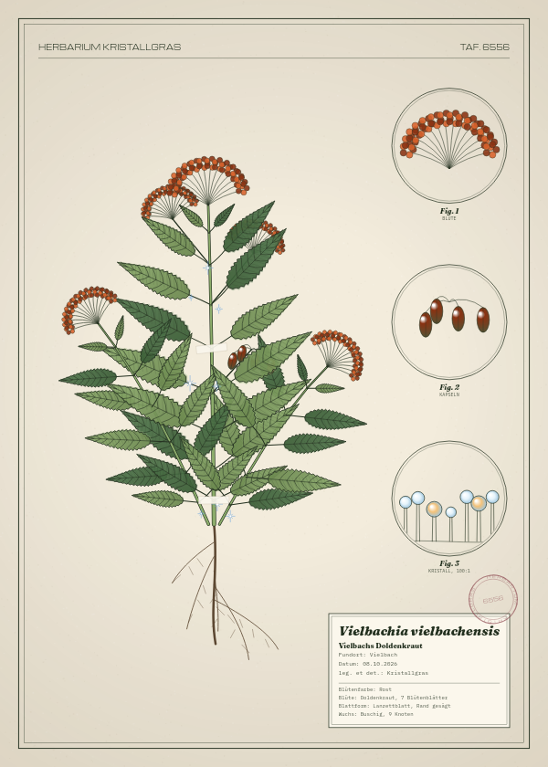 Botanische Tafel: Vielbachia vielbachensis, eine erfundene Pflanze aus Vielbach, gezeichnet wie in einem alten Pflanzenatlas