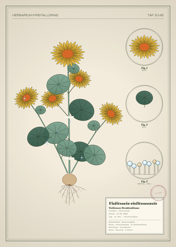 Botanische Tafel: Vielitzseia vielitzseensis, eine erfundene Pflanze aus Vielitzsee, gezeichnet wie in einem alten Pflanzenatlas