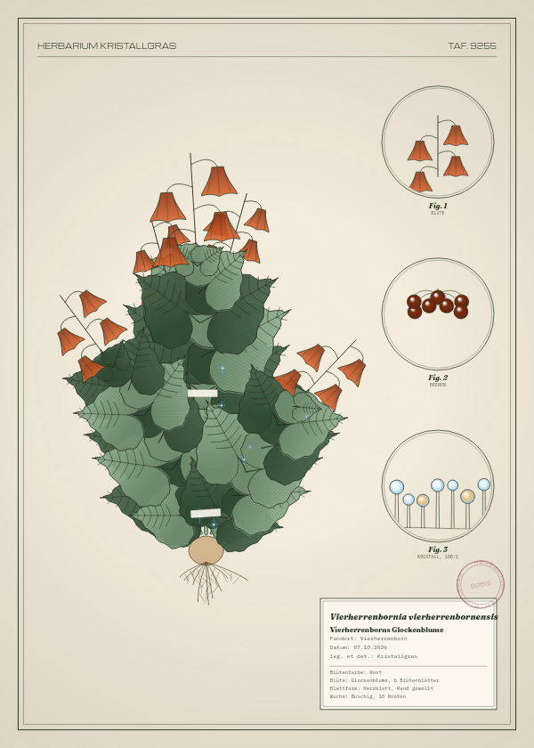 Botanische Tafel: Vierherrenbornia vierherrenbornensis, eine erfundene Pflanze aus Vierherrenborn, gezeichnet wie in einem alten Pflanzenatlas