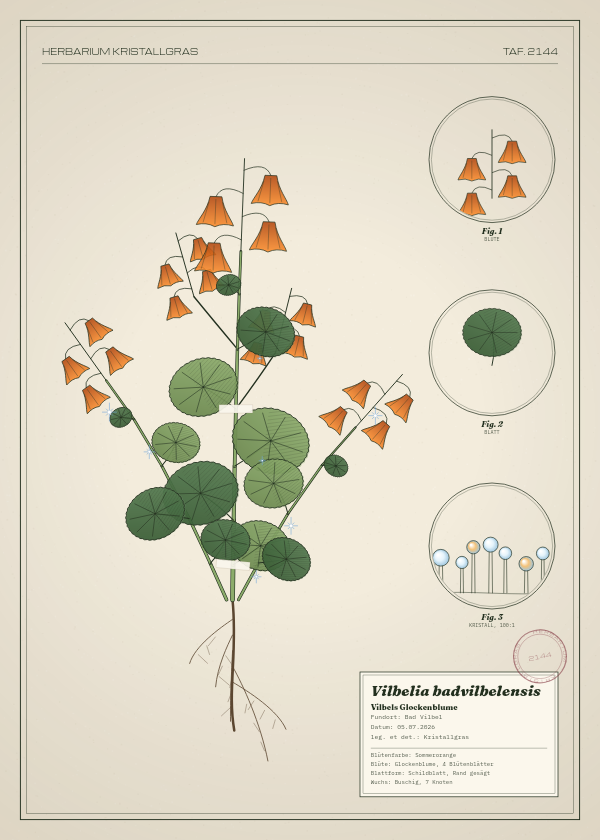 Botanische Tafel: Vilbelia badvilbelensis, eine erfundene Pflanze aus Bad Vilbel, gezeichnet wie in einem alten Pflanzenatlas